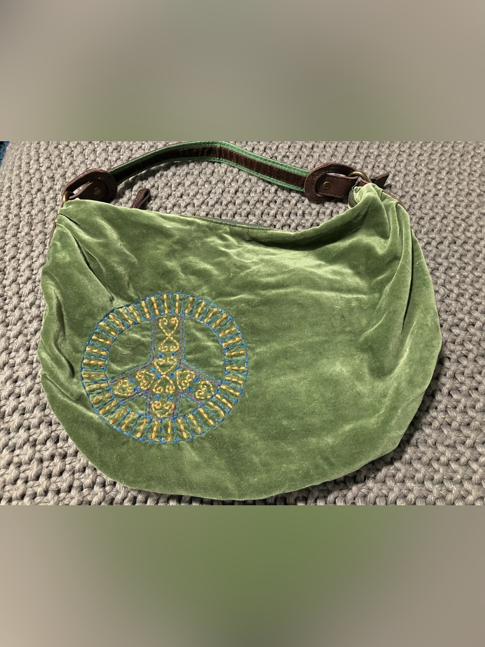 Lucky Brand Green Velvet Peace Sign Embroidery Hobo Shoulder Bag